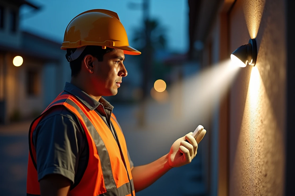Detalle de instalación de proyector direccionado hacia una fachada