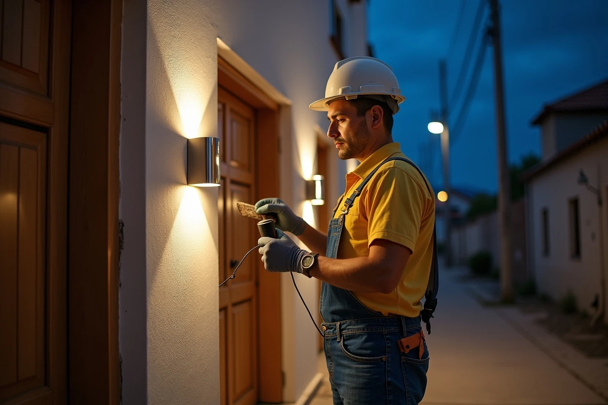 Fachada iluminada con luz rasante y apliques en acceso