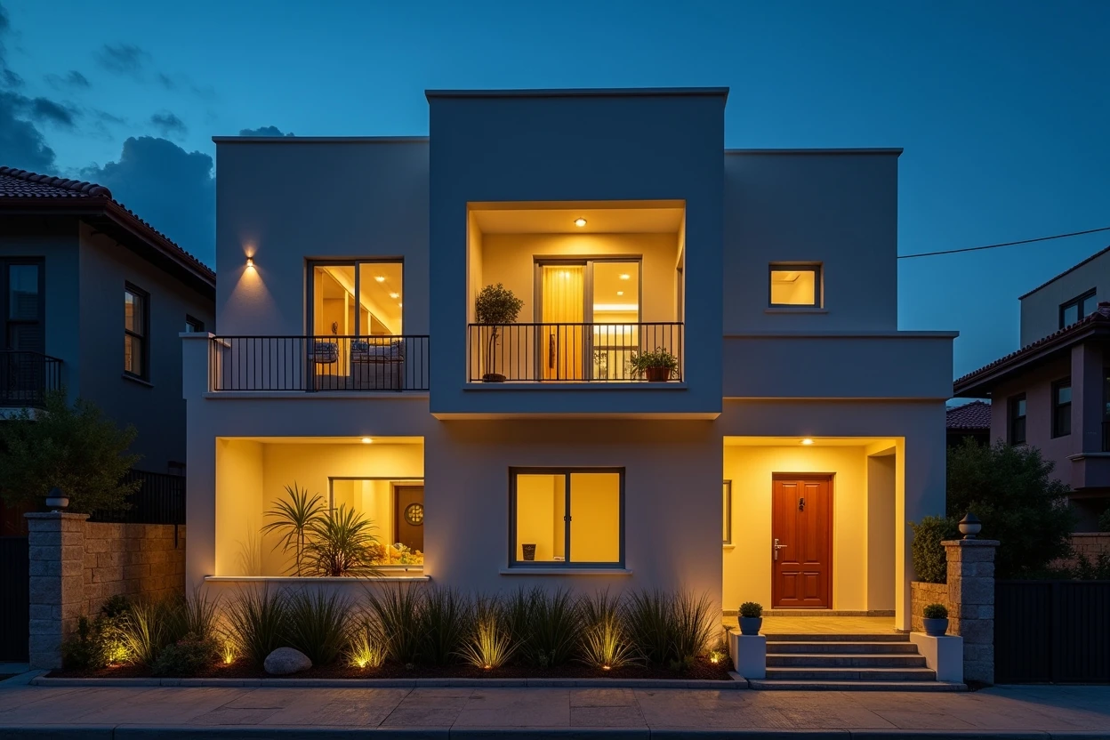 Fachada residencial con luz rasante bajo los voladizos